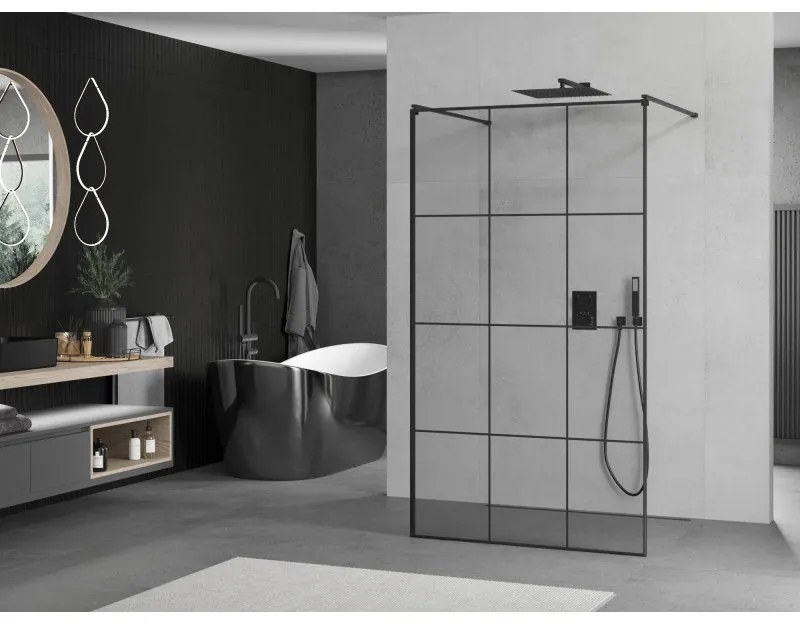Mexen Kioto, priechodná sprchová zástena 110 x 200 cm, 8mm sklo číre/čierny vzor, 2x čierna stabilizačná rozpera, 800-110-002-70-77