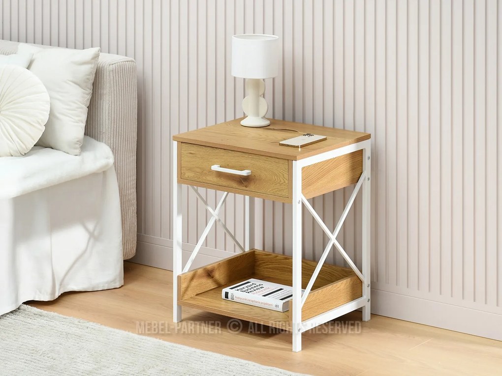 Nočný stolík Torry (dub + biela). Akcia -25%. Vlastná spoľahlivá doprava až k Vám domov. 1111722