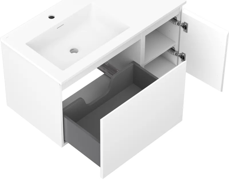 Mexen Orio, kúpeľňová skrinka 90 cm s umývadlom Otis vľavo, 1S, 1D, biela matná, 91A13-09047-3-BBFF01-W18L01