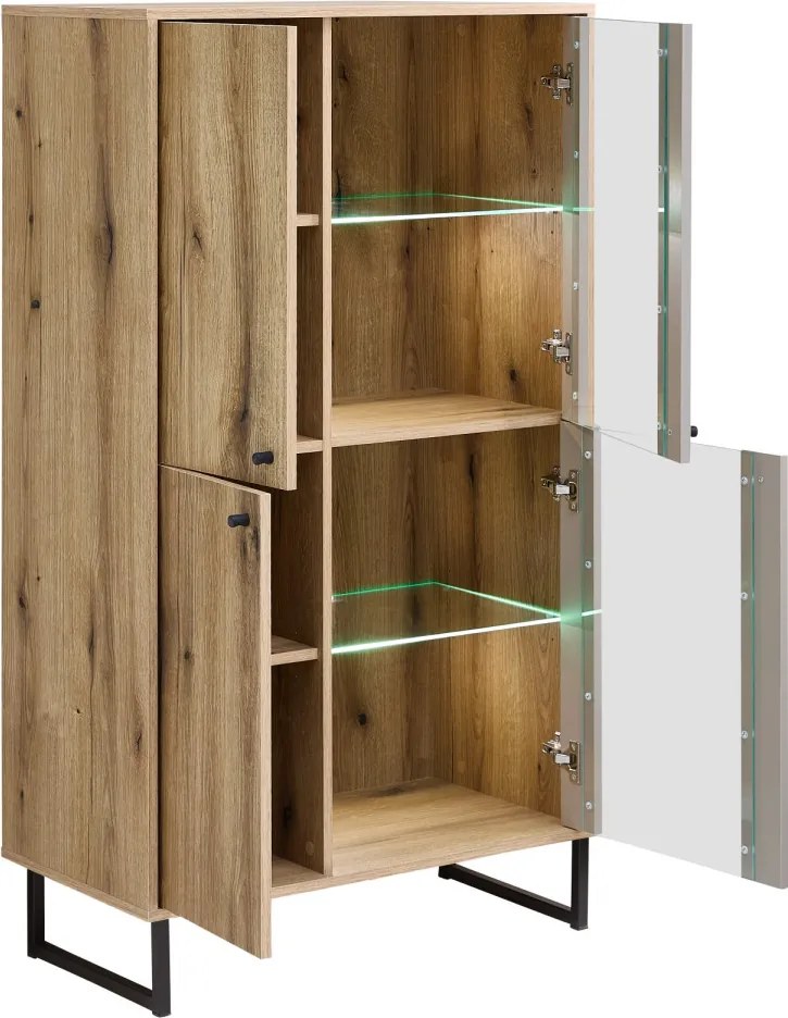 Vitrínová skrinka Cube, dub evoke / pieskovo šedá, s osvetlením