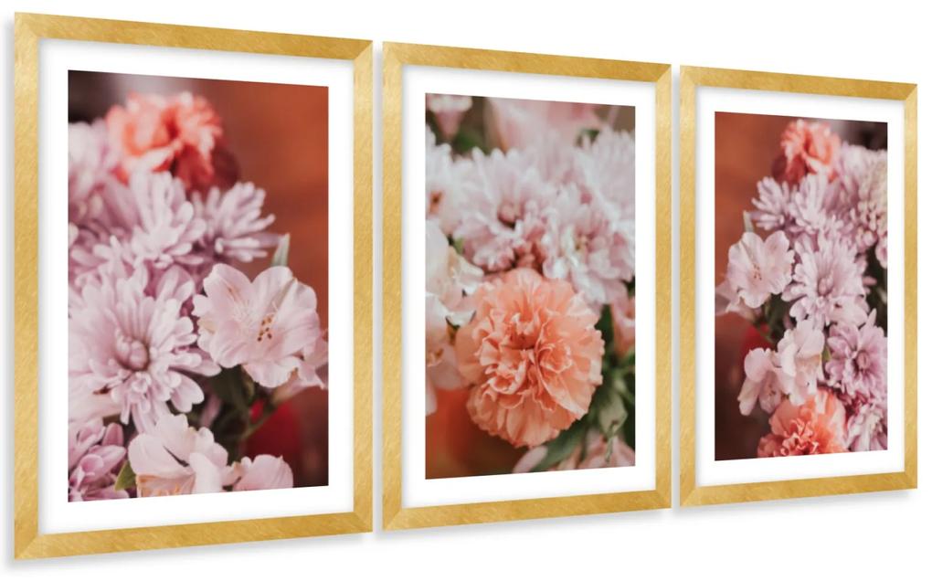 Gario Sada plagátov Kvitnúce jesenné kvety - 3 dielna Farba rámu: Zlatá, Veľkosť: 135 x 63 cm