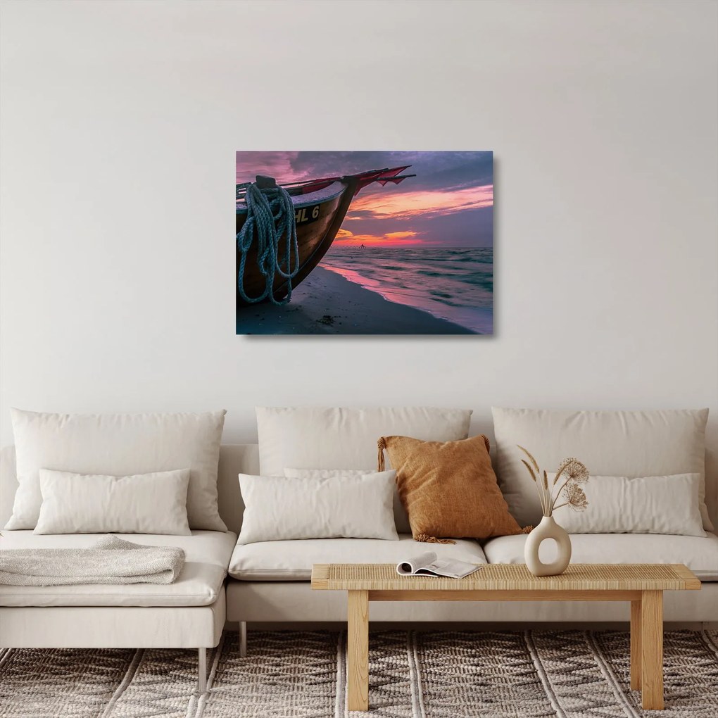 Sklenený obraz loďky na brehu (70x50 cm)