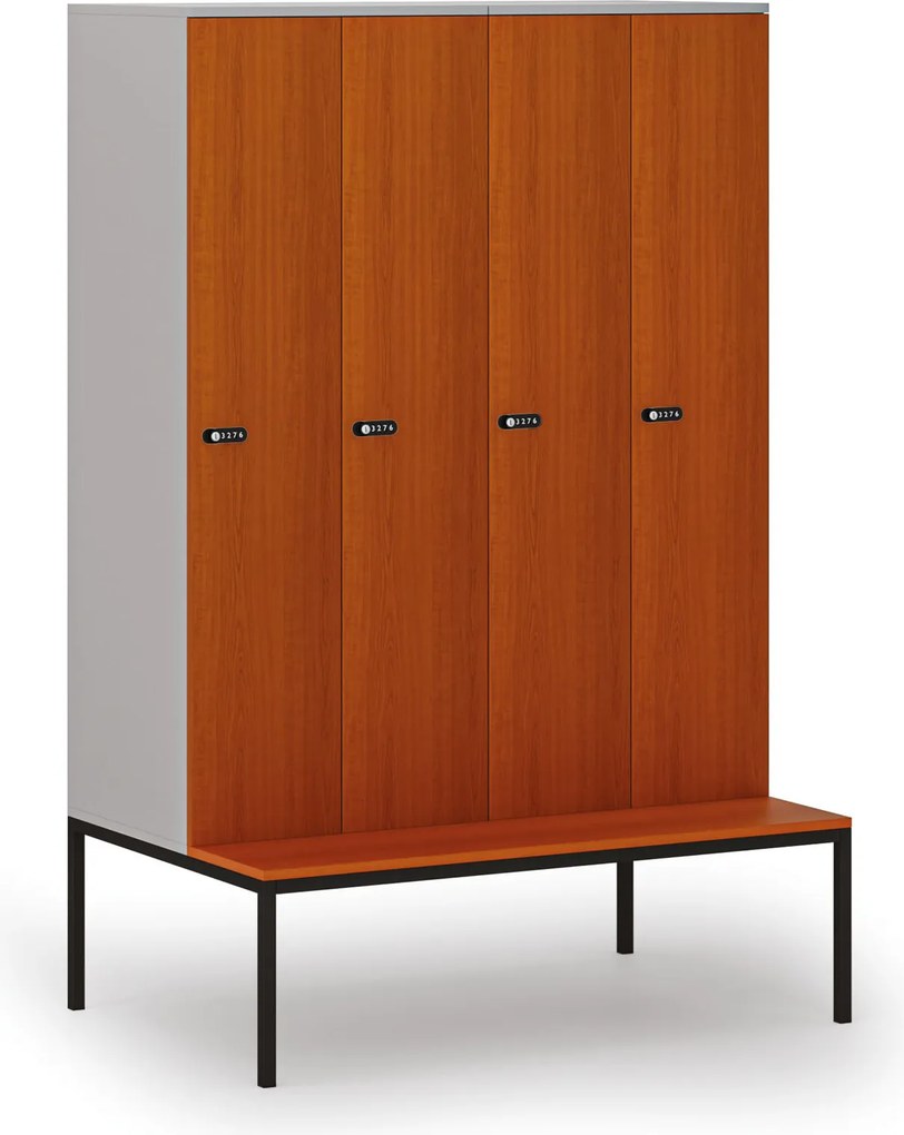 Drevená šatníková skrinka S4 s lavičkou, 4 oddiely, 1871 x 1200 x 500/800 mm, demont, mechanický kódový zámok, sivá/čerešňa