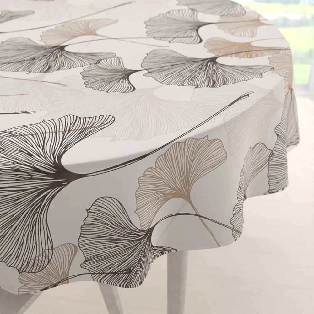 Biante Bavlnený okrúhly obrus Sandra SA-411 Hnedé Ginkgo listy na bielom Ø 150 cm