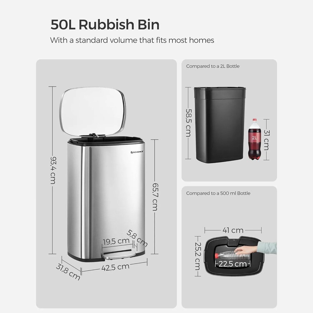 Kuchynský odpadkový kôš 50 L, pedálový, strieborný