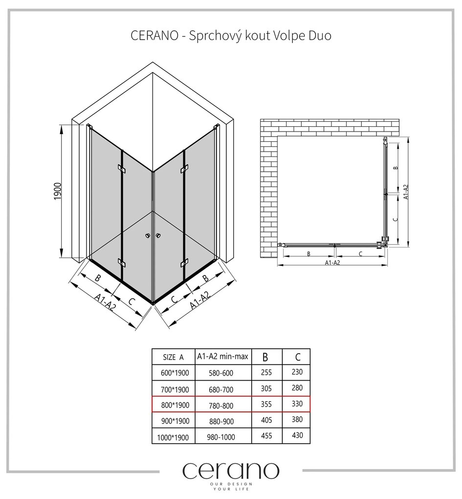 Cerano Volpe Duo, sprchovací kút so skladacími dverami 80(dvere) x 80(dvere), 6mm číre sklo, čierny profil, CER-CER-427381