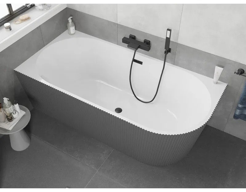 Mexen Silo, rohová voľne stojaca ryhovaná vaňa, ľavá, 170 x 80 cm, biela-šedá, čierny matný prepad, 52891708062L-70