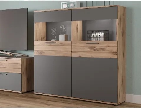 Skrinka s presklením Mason, dub/sivá%