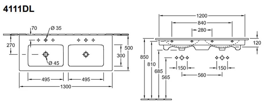 Villeroy & Boch Venticello - Dvojumývadlo na skrinku 1300x500 mm pre dve 1-otvorové batérie, alpská biela 4111DL01