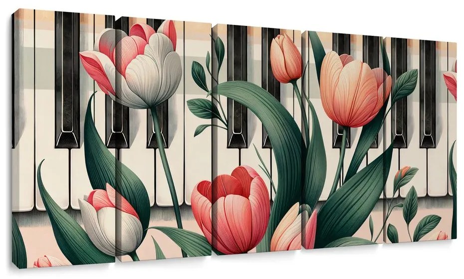 5-dielny obraz klavír a tulipány v kvetinovej symfónii