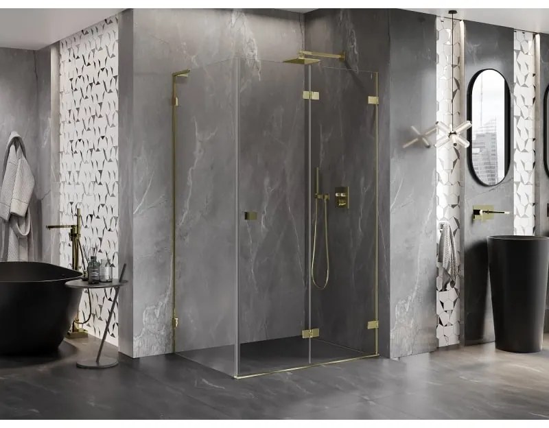 Mexen Lunar-F L, 1-krídlový sprchový kút so skladacími dverami, pravý, 75 x 70 cm, 8mm číre sklo, zlatý lesklý profil, 836L-075-070-50-00-P