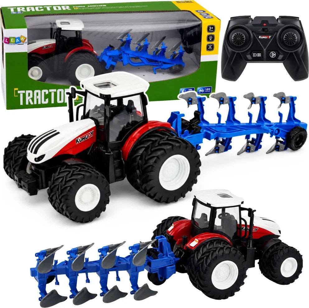 LEAN Toys Poľnohospodársky traktor s viacradovým pluhom, diaľkovo ovládaný RC, červený, mierka 1:24