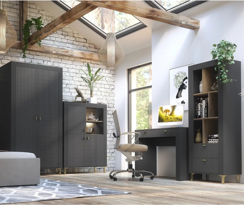 Dvojdverová ryhovaná šatní skriňa, čierna MOSSA MO1