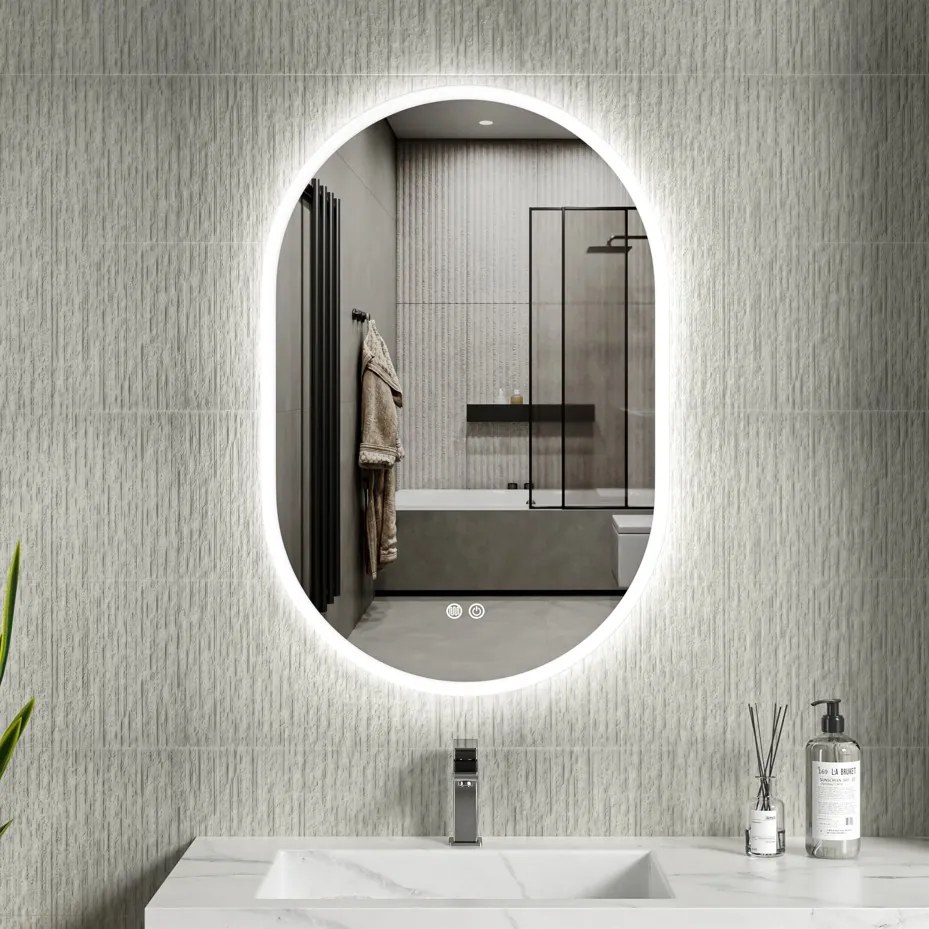Erga Demi, oválne LED zrkadlo 60x90cm, 3 farby svetla, predné osvetlenie, vyhrievacia podložka proti zapareniu, ERG-V01-Demi-6090-CL