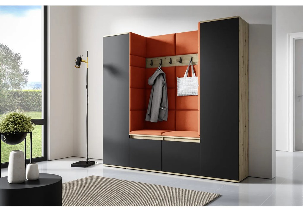 Predsieňová stena AMI 31 Bez zrkadla Dub artisan + čierna Tmavo oranžová