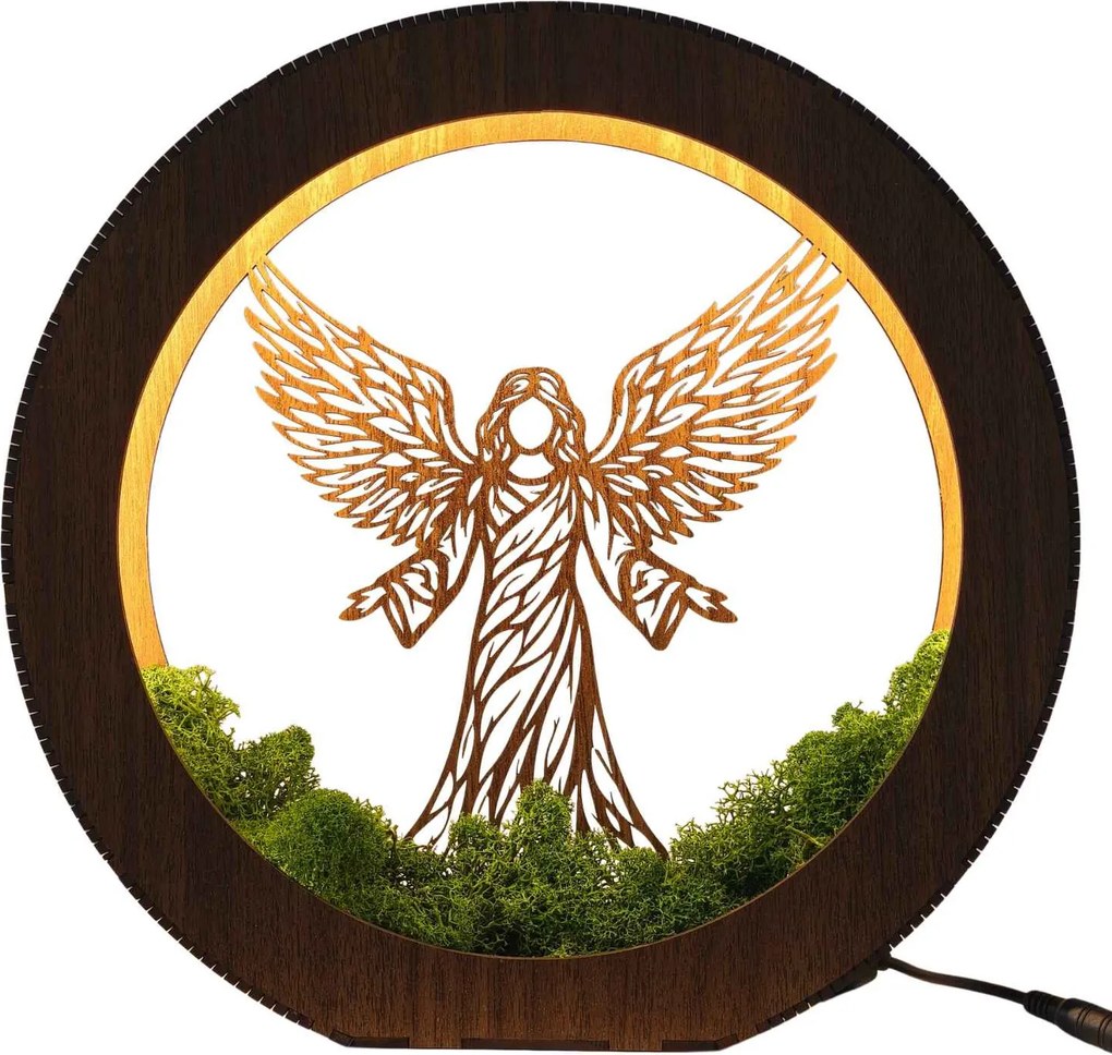 Drevená LED lampa Anjel svetla s machom | MICHAEL: HDF - Orech 20 cm 4778-115060 LED0606