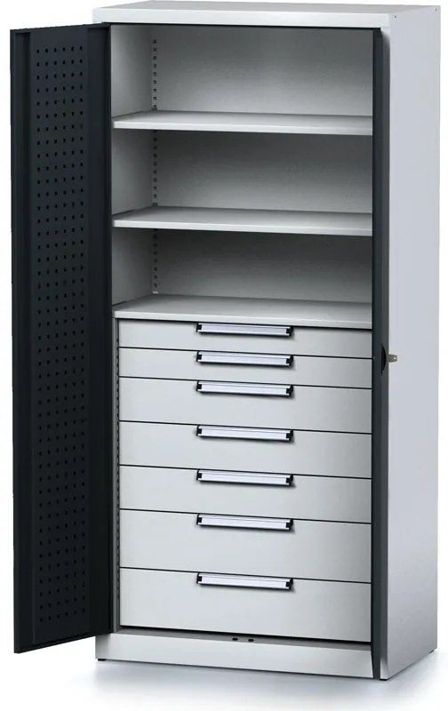 Policová dielenská skriňa 2-dverová MECHANIC, 3 police, 7 zásuviek, 920 x 500 x 1950 mm, antracitové dvere