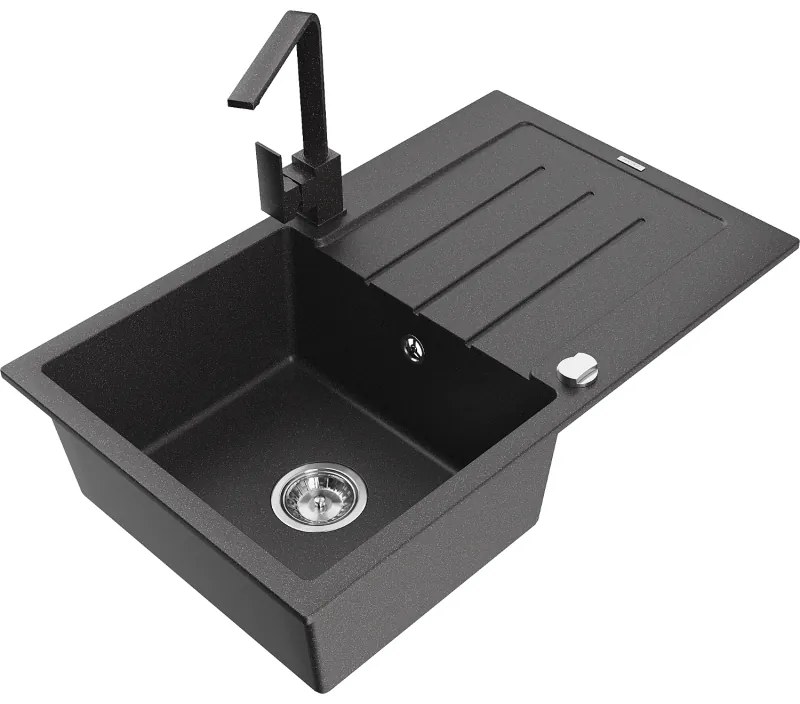 Mexen Bruno, drez granitový 795x495x200 mm, 1-komorový, čierna škvrnitá s chrómovým sifónom a čierna škvrnitá drezová batéria Rita, 6513-76-670300-76
