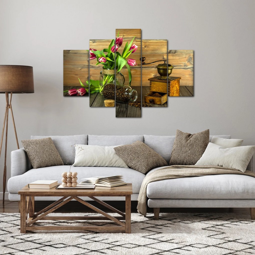 Obraz - tulipány, mlynček a káva (150x105 cm)