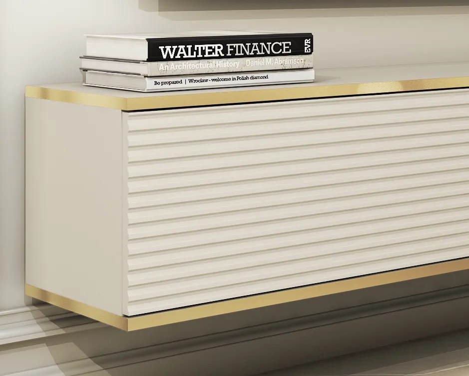 Závesná TV skrinka Orfeo, 135 cm, béžová štruktúra/zlatá