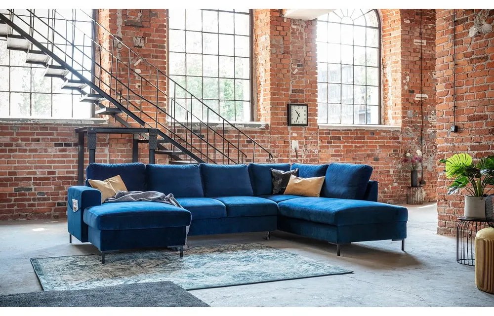 Námorníckymodrá zamatová rozkladacia pohovka do "U" Miuform Lofty Lilly, pravý roh