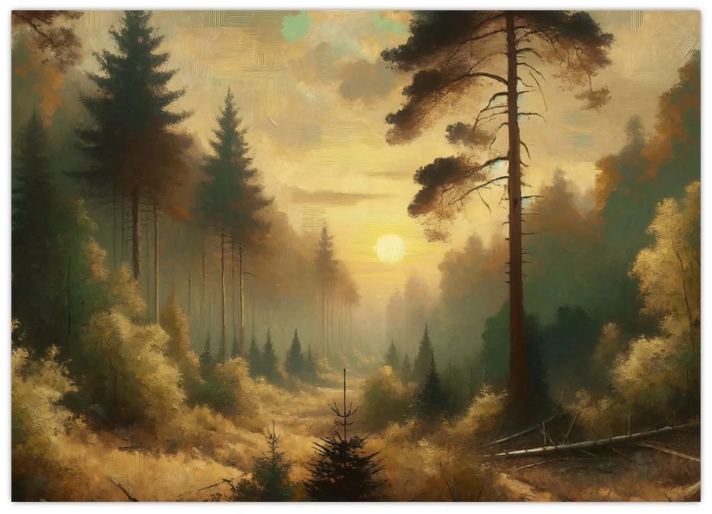 Sklenený obraz - Slnko žiariace lesom (70x50 cm)