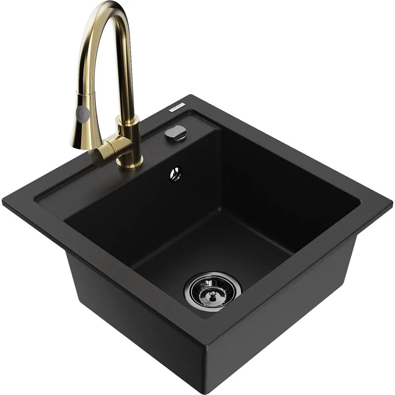 Mexen Vito, 1-komorový granitový drez 490x520x210 mm a drezová batéria Elia, čierna, 6503-77-670101-50-B