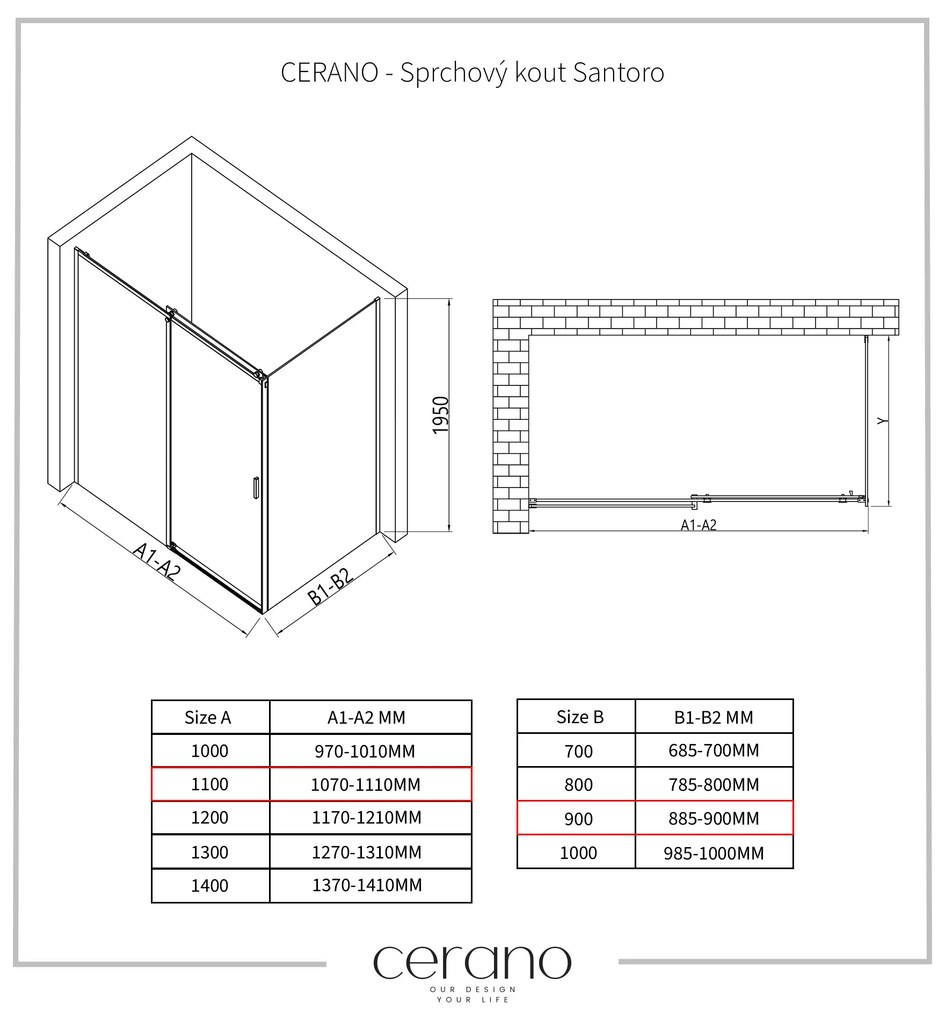 Cerano Santoro, sprchový kút s posuvnými dverami 110(dvere) x 90(stena) x 195 cm, 6mm číre sklo, čierny profil, CER-CER-431488