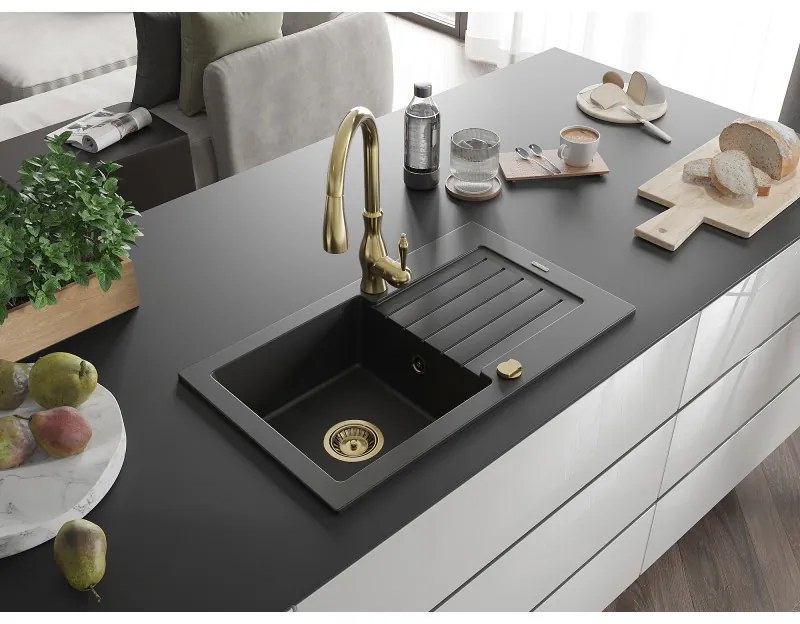 Mexen Pablo, granitový drez 752x436x161 mm, 1-komorový a drezová batéria Savita, čierna, 6510-77-672601-50
