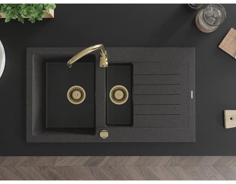 Mexen Matias - drez granitový 900x505x200 mm, 1,5-komorový, čierna škvrnitá s čiernym sifónom, 6502901505-76-G