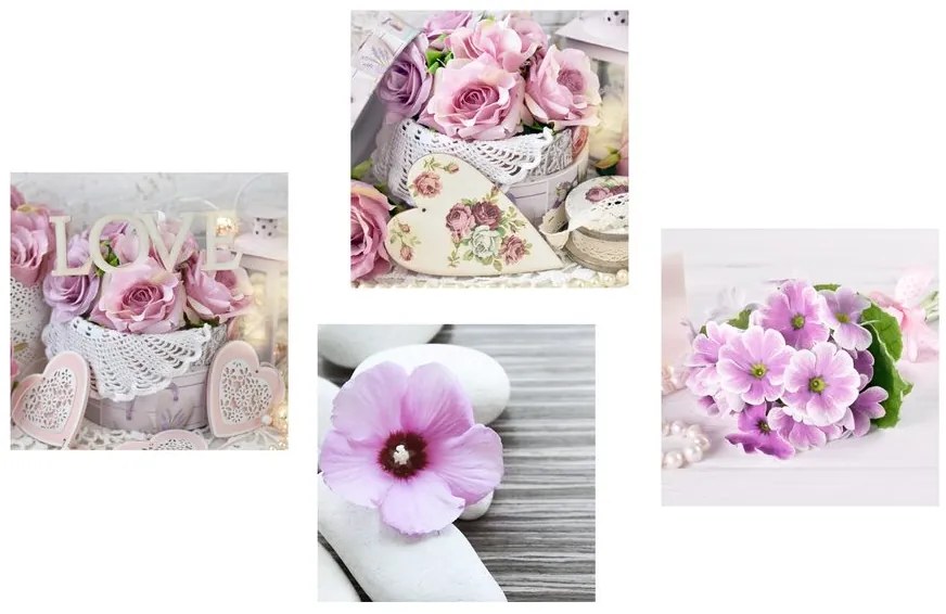 Set obrazov romantické kvety s nápisom Love