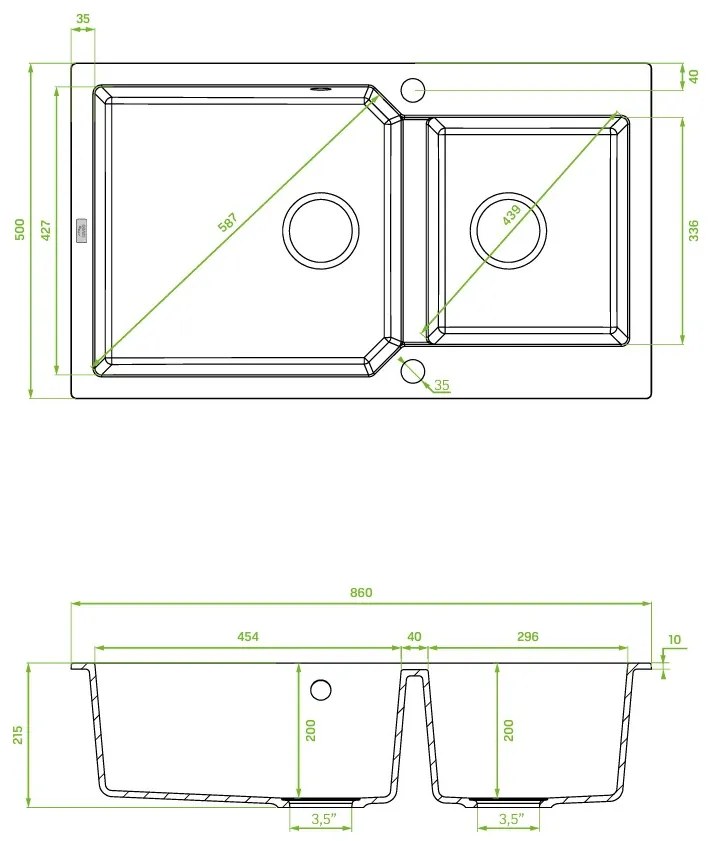 Kuchinox Milos, 2-komorový granitový drez 860x500x215 mm + sifón, čierna škvrnitá, LAV-SPM_7208