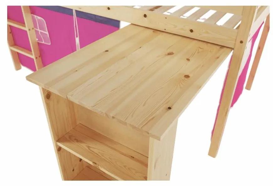 Tempo Kondela Posteľ s PC stolom, borovicové drevo/ružová, 90x200, ALZENA