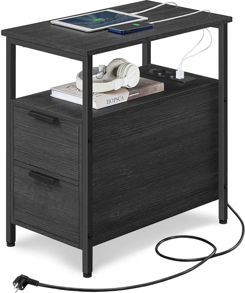 Príručný stolík, nočný stolík s káblom, 2 zásuvky, antracitovo sivý