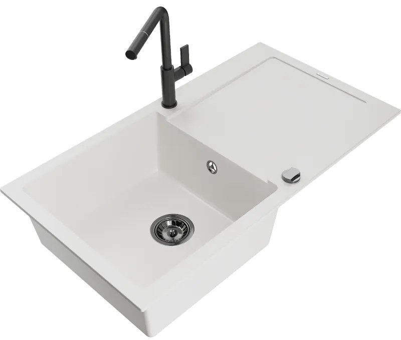 Mexen Leo, 1-komorový granitový drez 900x500x190 mm a drezová batéria Flora, biela, 6501-20-670401-70-B