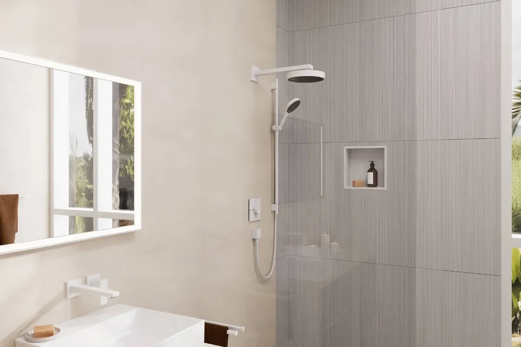 Hansgrohe Rainfinity, sprchová sada 130 3jet s tyčou S Puro 90 cm, biela matná, HAN-28743700