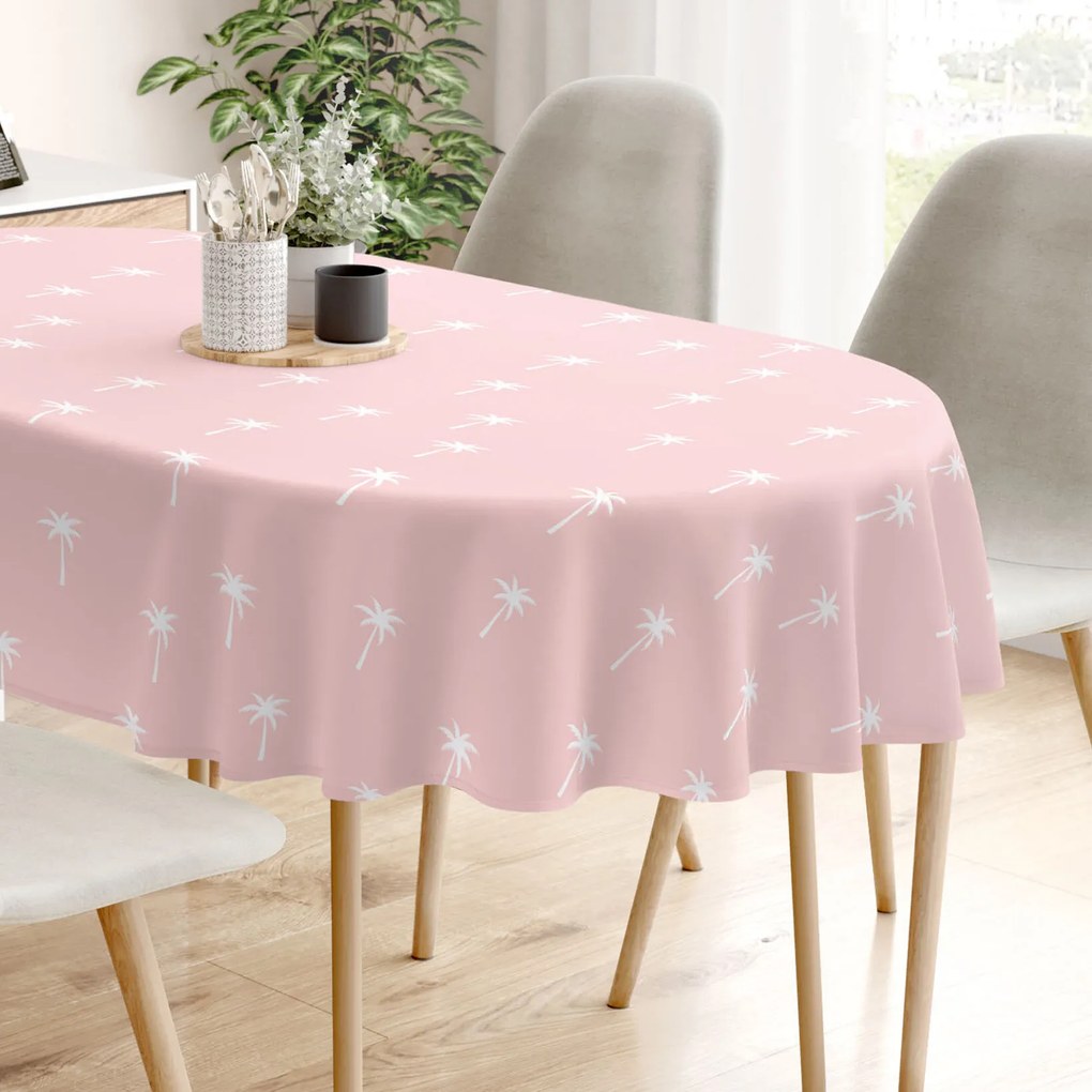 Goldea oválny obrus 100% bavlnené plátno - palmy na pastelovo ružovej 120 x 200 cm