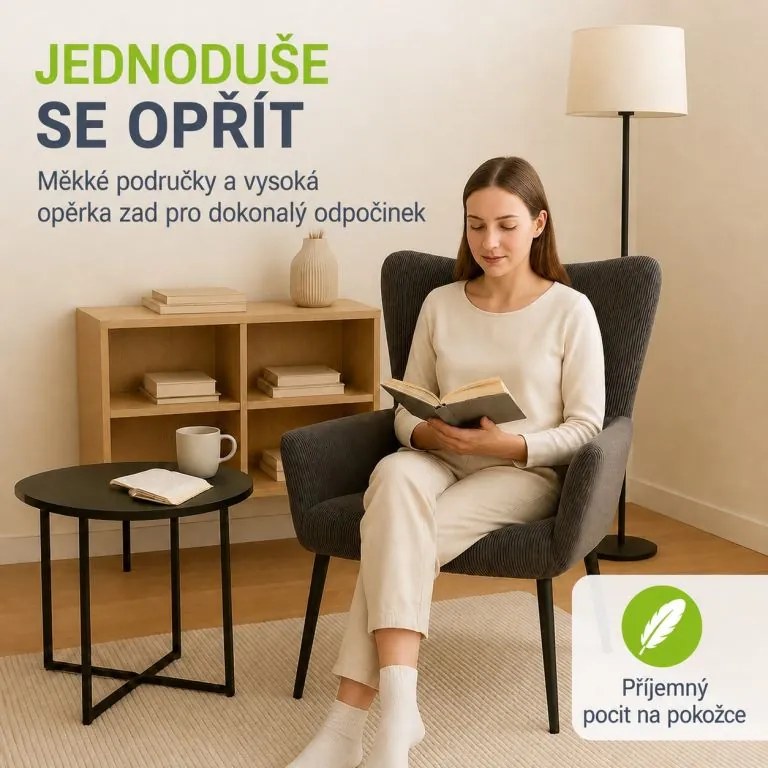 Pohodlné manžetové kreslo z manšestru, sivé