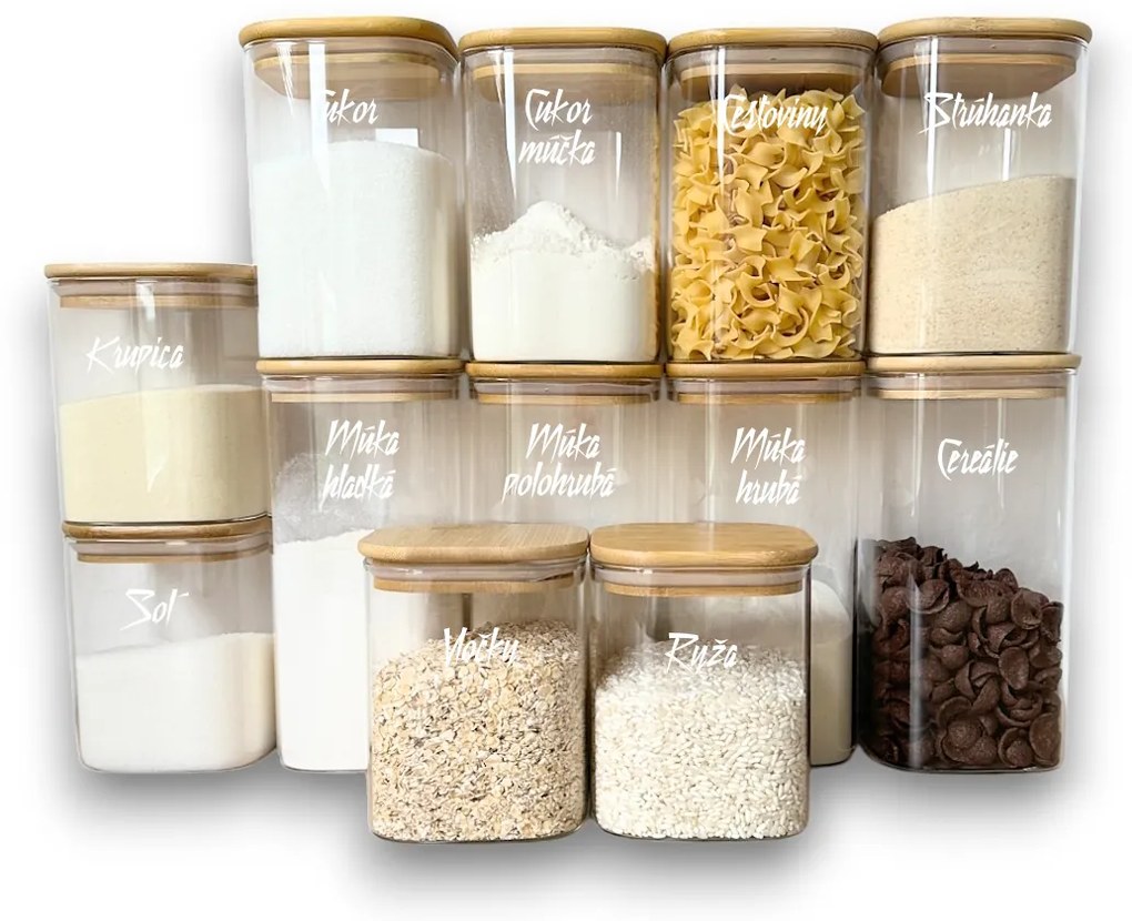 Orion Základná sada 12ks sklenených hranatých dóz s bambusovým vekom - BORO12
