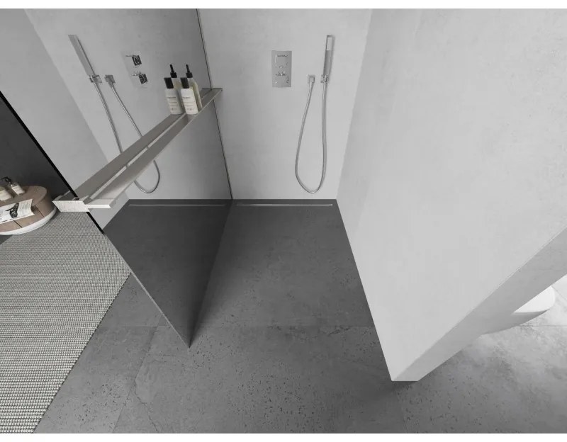 Mexen Kioto+ L, sprchová zástena Walk-In s poličkou a vešiakom 120 x 200 cm, 8mm sklo vzor zrkadlo, brúsená oceľ profil, 800-120-123-97-50