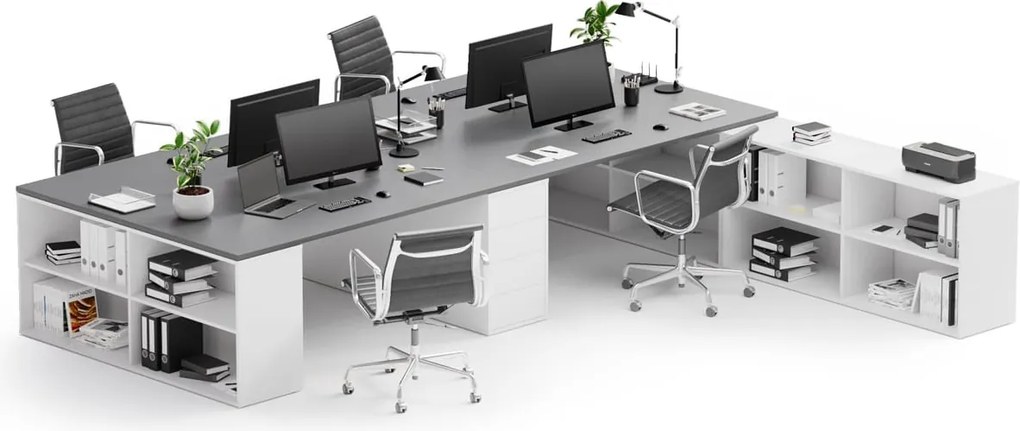 Kancelárska zostava stolov BLOCK B05, 4 miesta s úložným priestorom, 360 × 320 cm, biela/grafit