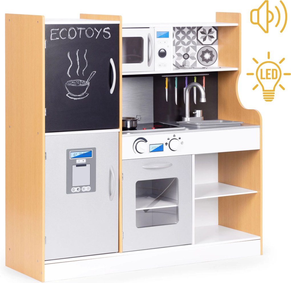 Detská drevená kuchynka ECOTOYS s LED, zvukom a tabuľou