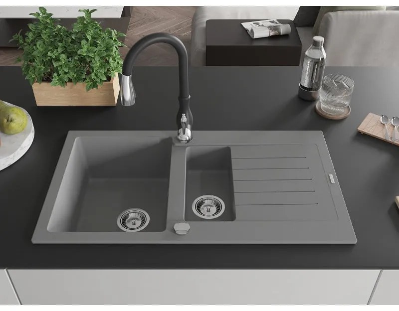 Mexen Matias, 1,5-komorový granitový drez 900x505x200 mm a drezová batéria Savita, šedá, 6502-71-672601-70