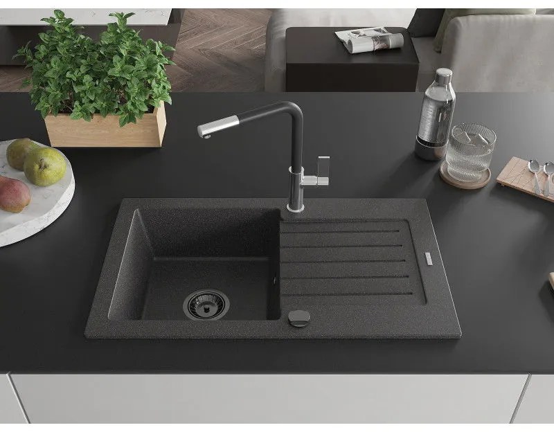 Mexen Pablo, 1-komorový granitový drez 752x436x161 mm a drezová batéria Flora, čierna škvrnitá, 6510-76-670401-07-B
