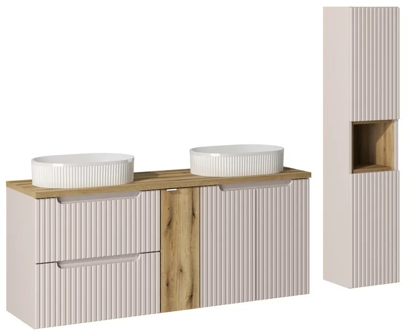 Kúpeľňová zostava Nova Cashmere Beyond 5 so skrinkami a umývadlami kašmírová/dub evoke