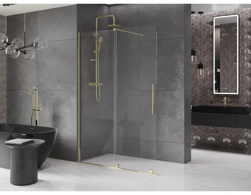 Mexen Velar, posuvné dvere do otvoru typ Walk-In 140 cm, 8mm číre sklo, zlatá lesklá, 871-140-000-03-50