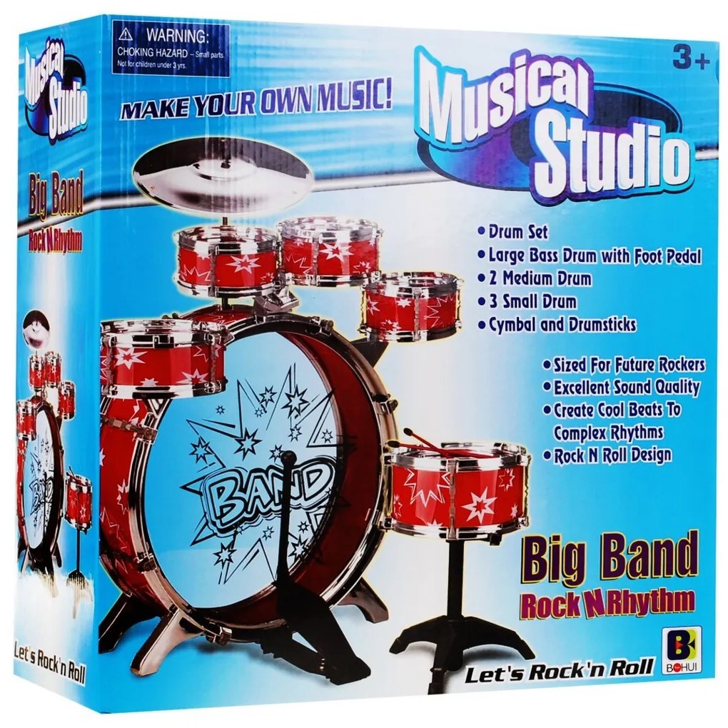 RAMIZ 6-bubnová súprava bicích pre deti 3+, červená, 8 ks. + stolička 2 paličky ZMU.28875A.CR