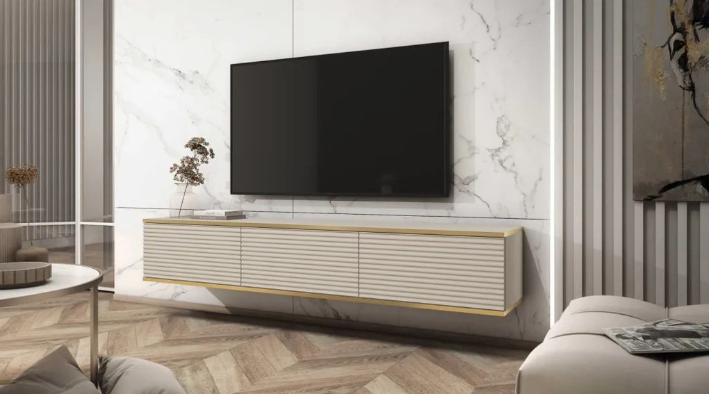 Závesná TV skrinka Orfeo, 175 cm, béžová štruktúra/zlatá