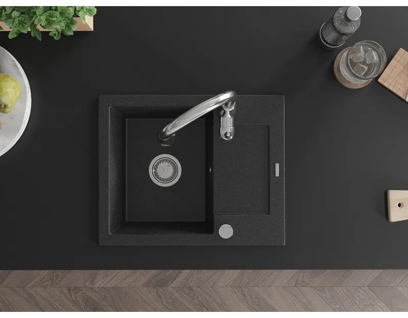 Mexen Enzo, 1-komorový granitový drez 576x465x174 mm a drezová batéria Savita, čierna-strieborná metalíza, 6506-73-672601-00