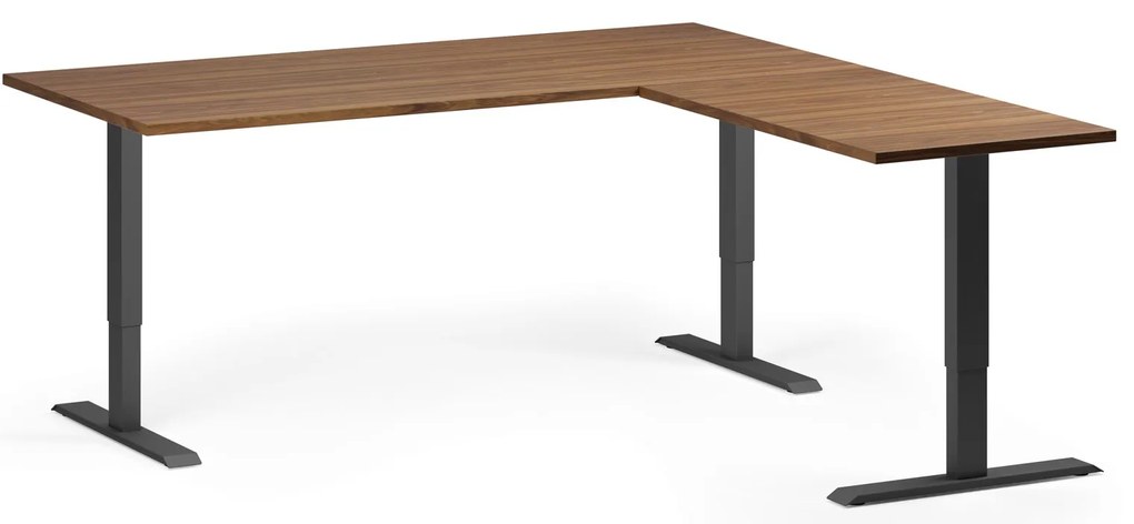 Výškovo nastaviteľný stôl, 180x180 cm, 3 motory, L/P, čierna podnož, orech